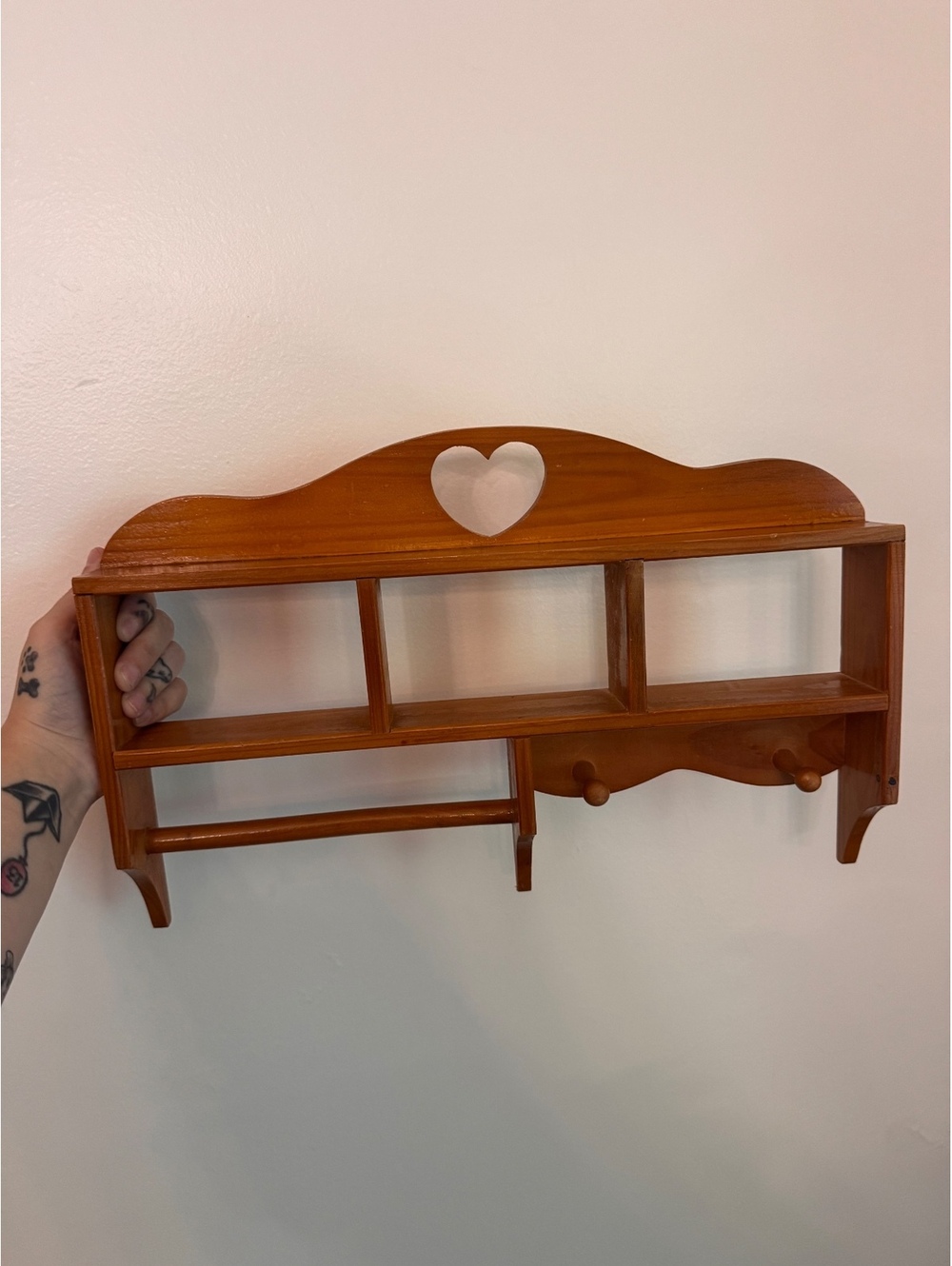 Wooden Wall Shelf with Heart Cutout and Hooks